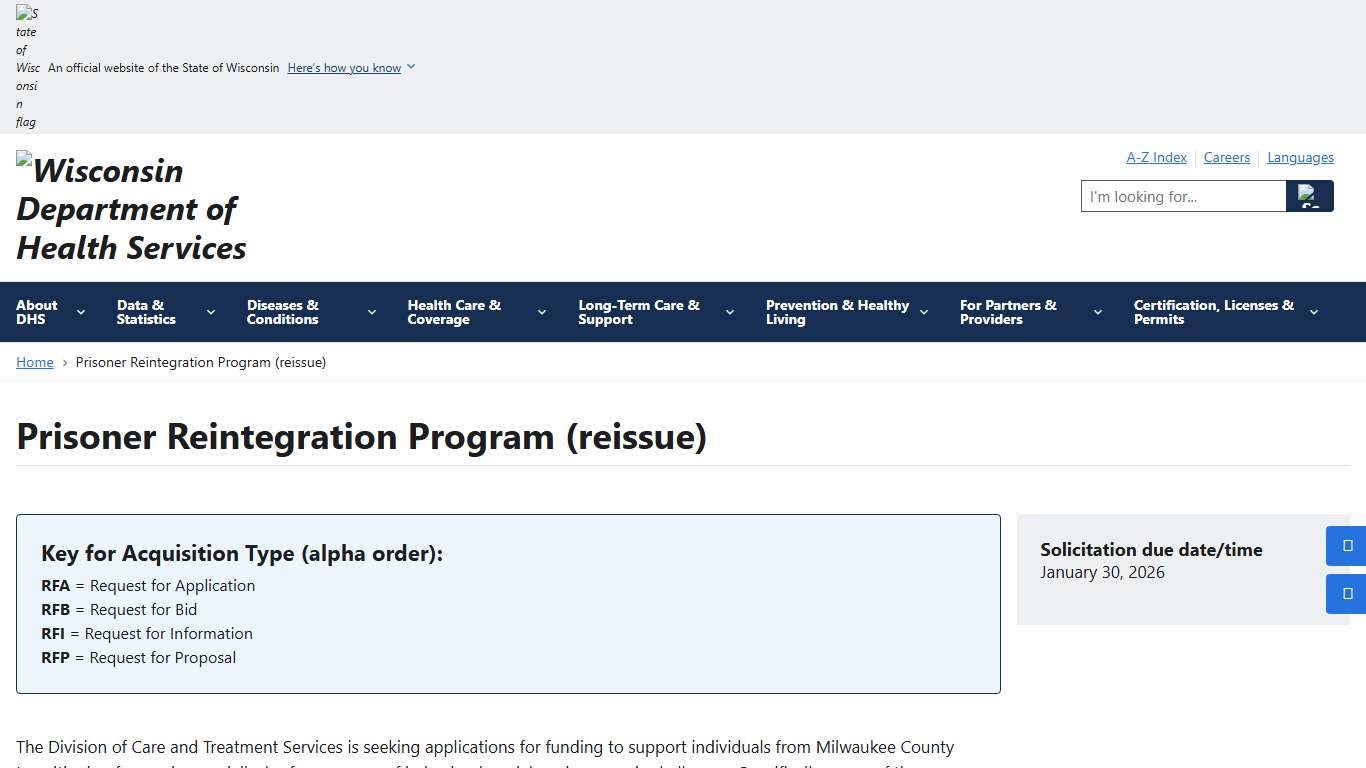Prisoner Reintegration Program (reissue) Wisconsin Department of Health Services